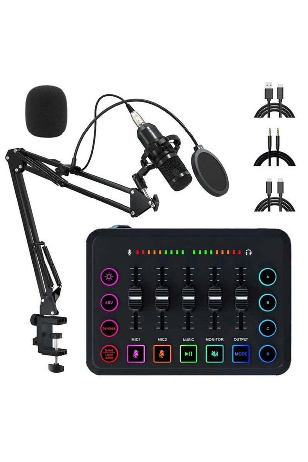 WALALLA Podcast Equipment Bundle, Audio Mixer DJ Device, All-in-One Live Sound Card with Microphone,