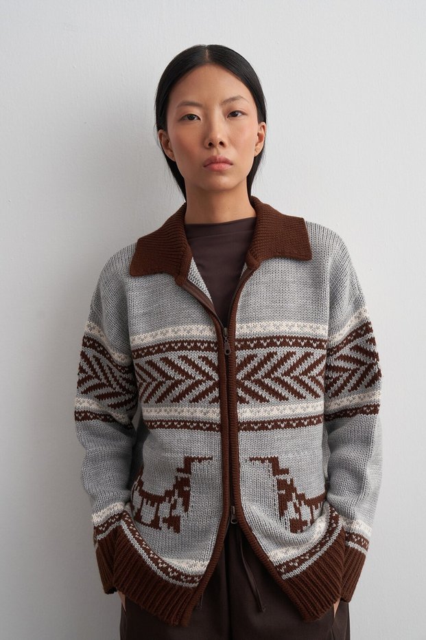 Contrast Patterned Zippered Knitwear Cardigan Brown