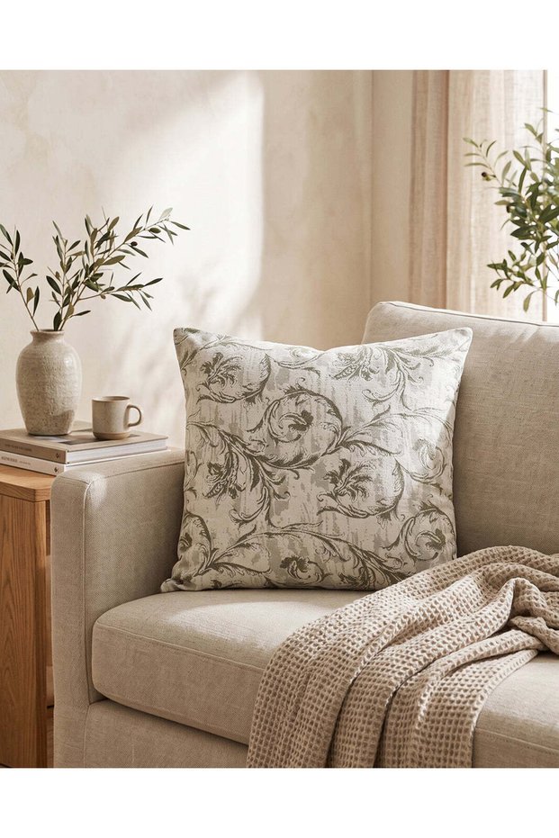 Ivory And Green Floral Jacquard Cushion 45x45cm