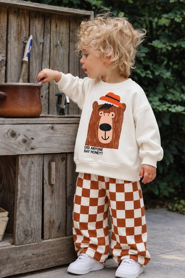Boy's Cotton 3-Yarn Ecru Teddy Bear Printed Sweatshirt and Checkered Bottom Top Set