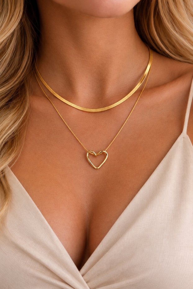 Gold Figured Flat Italian Steel Chain 2-Piece Women's Necklace Set