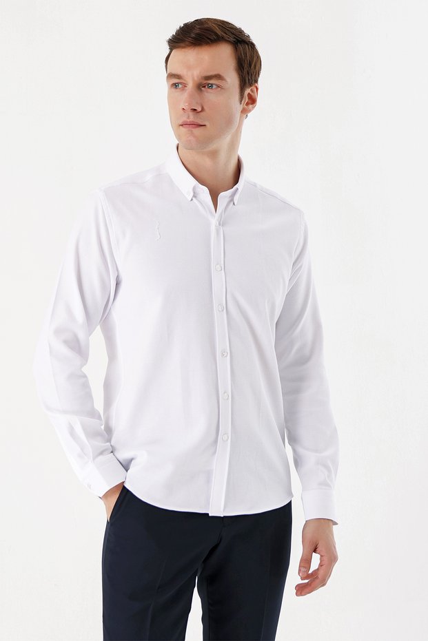 Men's White Trendy Jacquard Pattern Buttoned Collar Slim Fit Shirt