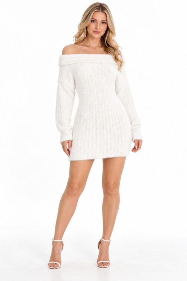 New Season Women's Boat Neck Off-The-Shoulder Soft Bearded Knitwear Mini Dress
