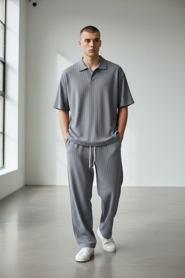 Men's Smoke Gray Plaid Striped Crepe Oversized Set