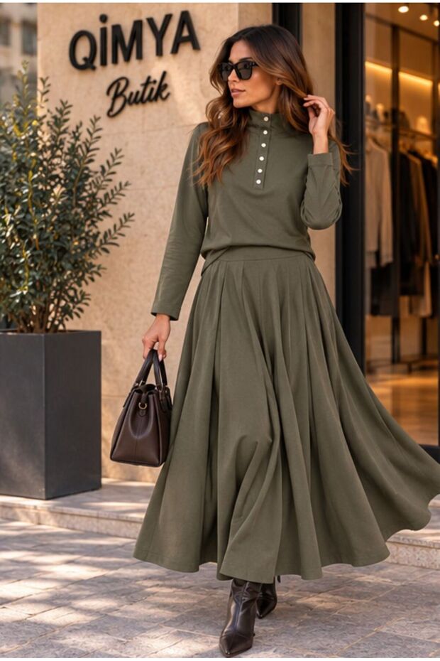 Buketli̇ Women's High-Neck Long-Sleeved Blouse, Pleated Loose Long Skirt, Top and Bottom Two-Piece Set