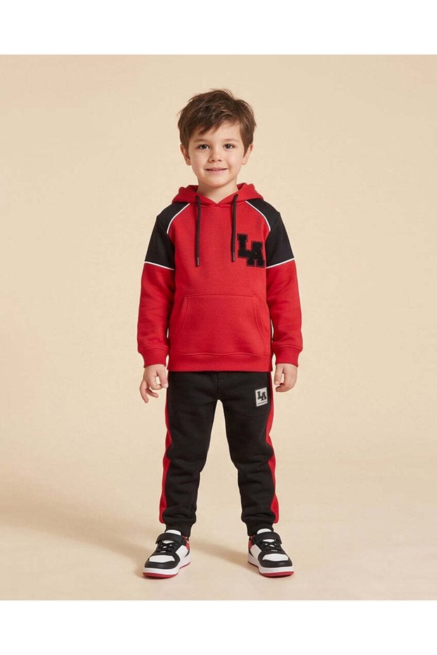 Boys Red Printed Hooded Sweatshirt And Black Joggers Set