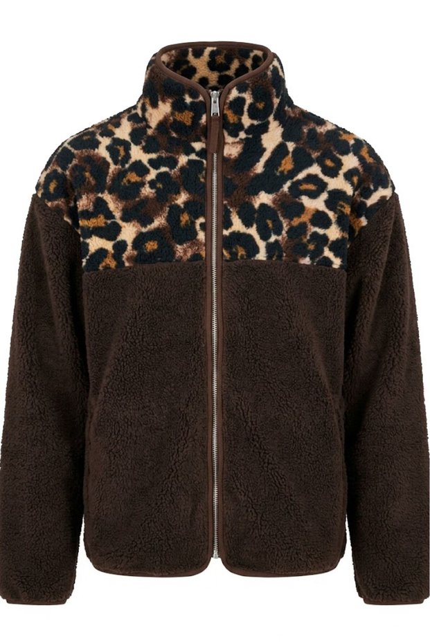 Dark Brown - Shoulder Leopard Detail Zippered Jacket Dark Brown