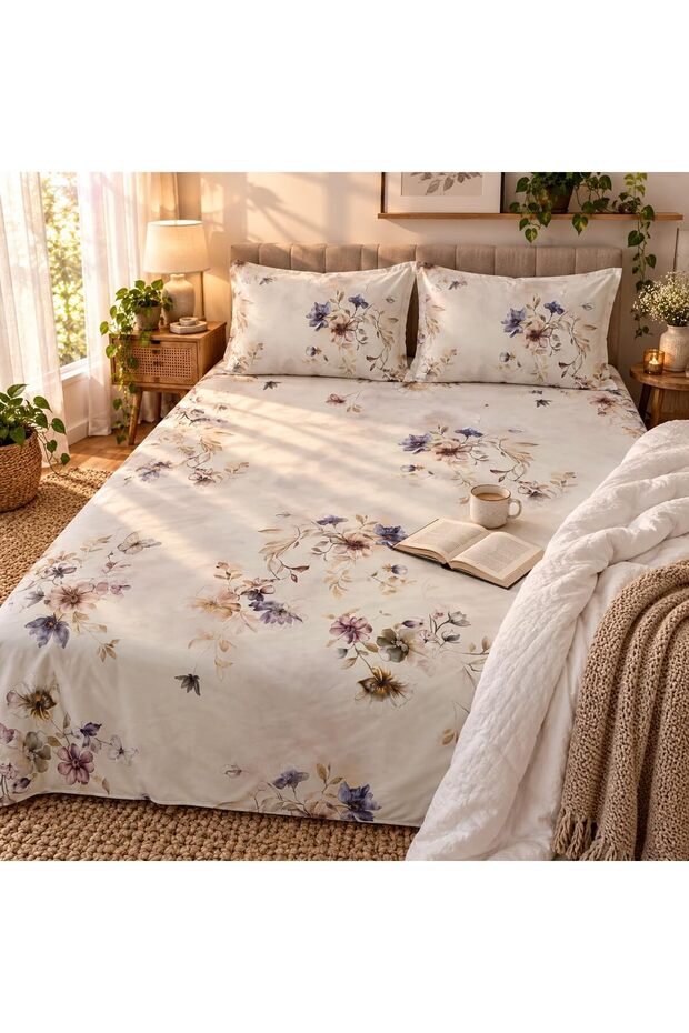 Turkish Style King Size Flat Bedsheet Set, 3 Pieces, 260 x 240 cm, 1 Flat Sheet and 2 Pillowcases (Cream with Lavender Purple)