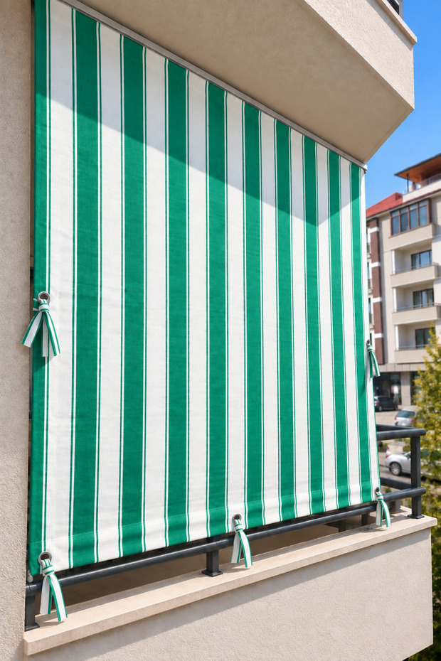 Green and White Striped Balcony Curtain, Terrace Gazebo Camellia Curtain and Sunshade Curtain
