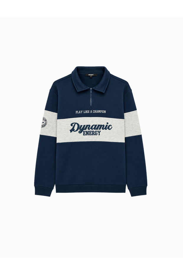 Long Sleeve Three Threaded Yarns Color Blocked Half Zipper Polo Collar Printed Sweatshirt