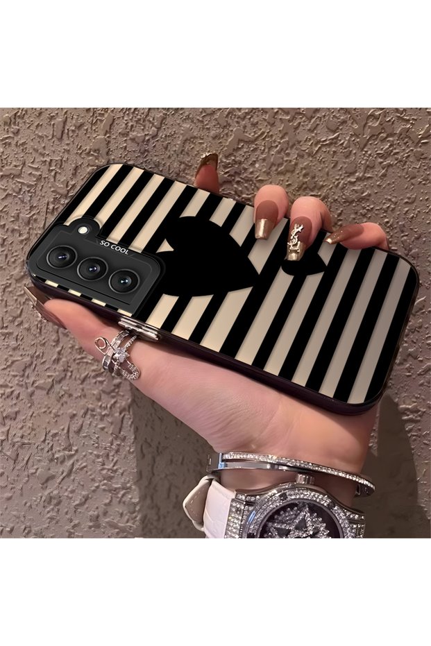 Samsung Galaxy S22 Compatible Striped Black Case, Shock-Resistant Silicone, Stylish