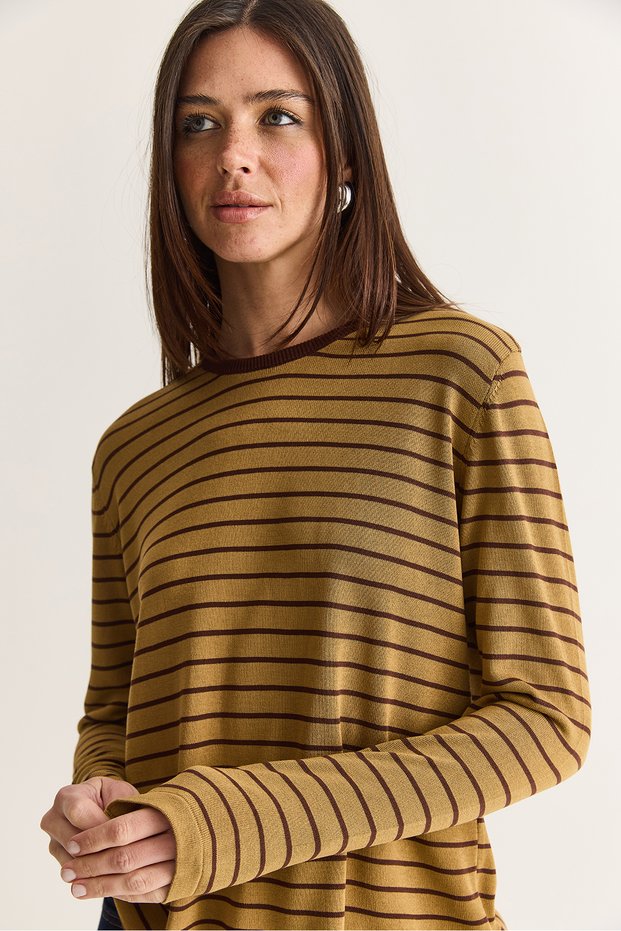 Women's Khaki 100% Viscose Striped Crew Neck Long Sleeve Seasonal Knitwear Sweater Tk261029 60286727