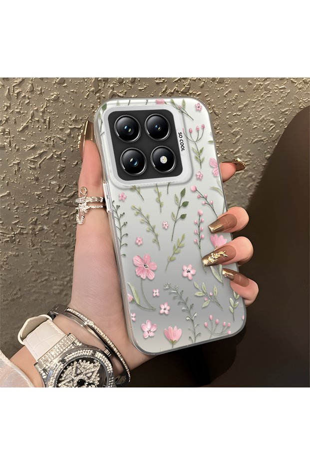 Mi 14t Pro Compatible Pink Branch Flower Case, Shockproof Silicone, Stylish