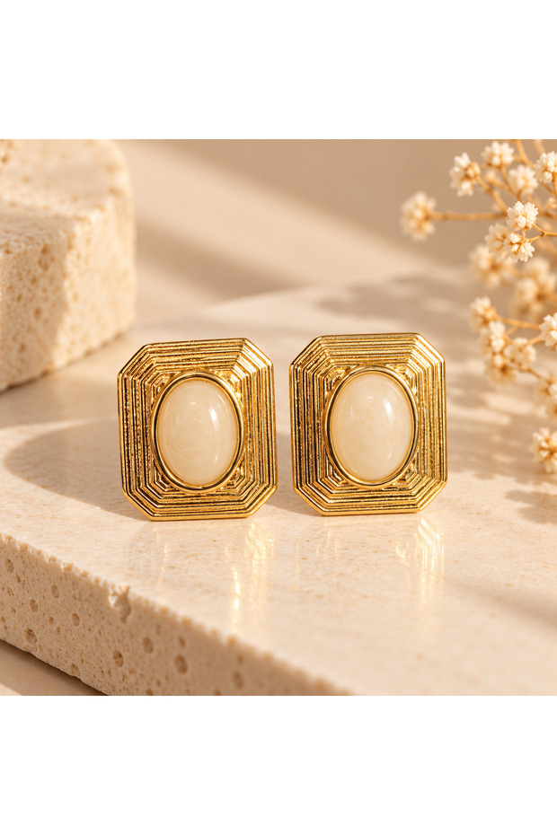 Gold Color Cream Stone Vintage Women's Earrings – Geometric Rectangular Design Stylish Earrings