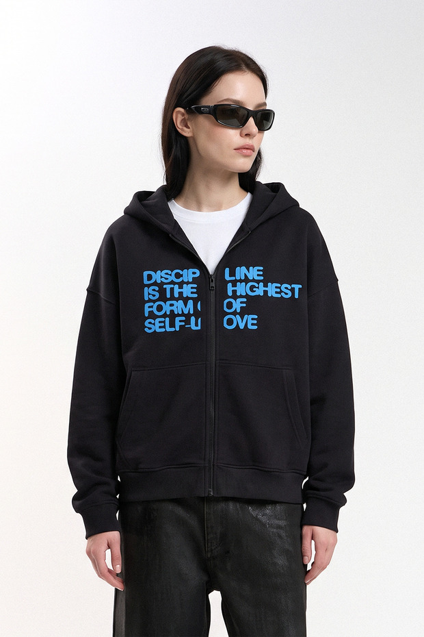 Oversize Hooded Cardigan Women's Smoked Zippered Thick Sweatshirt with Lettering Print Discipline
