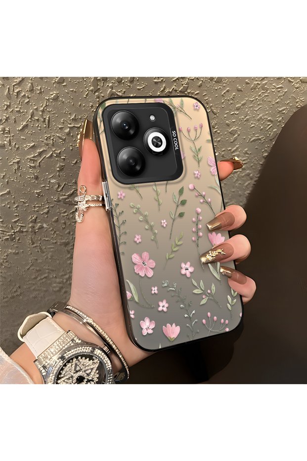Tecno Spark 20 Compatible Pink Branch Flower Case, Shockproof Silicone, Stylish
