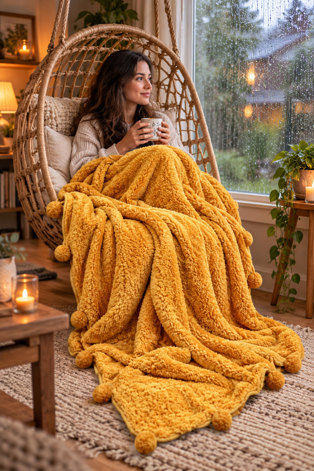 Single Person Pompom Blanket, Soft Textured Decorative Tv and Sofa Blanket