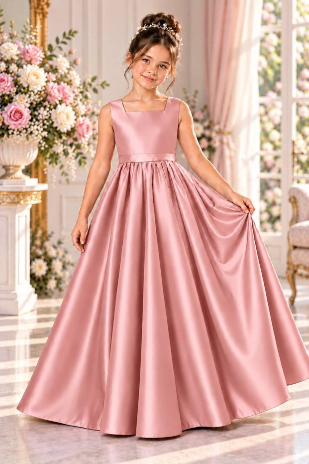 Girl's Square Neck Long Satin Gathered Model Ball Gown Graduation Birthday Dress