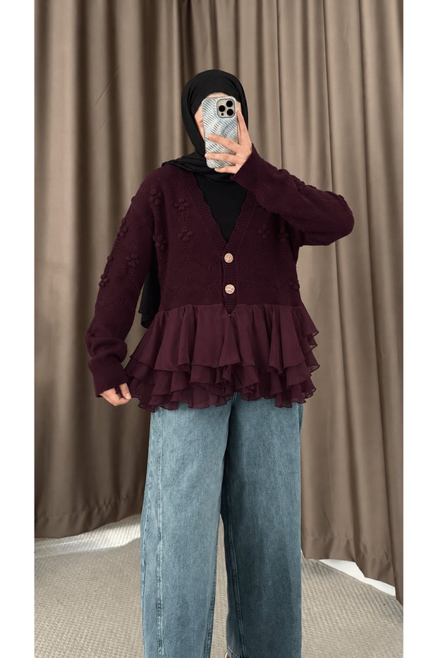 V-Neck Ruffled Knitwear Cardigan - 1107 - Plum (Es)