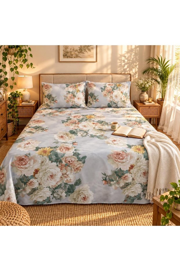 Turkish Style King Size Flat Bedsheet Set, 3 Pieces, 260 x 240 cm, 1 Flat Sheet and 2 Pillowcases (Silver Grey with Peach)