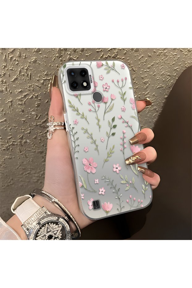 Realme C21 Compatible Pink Branch Flower Case, Shockproof Silicone, Stylish