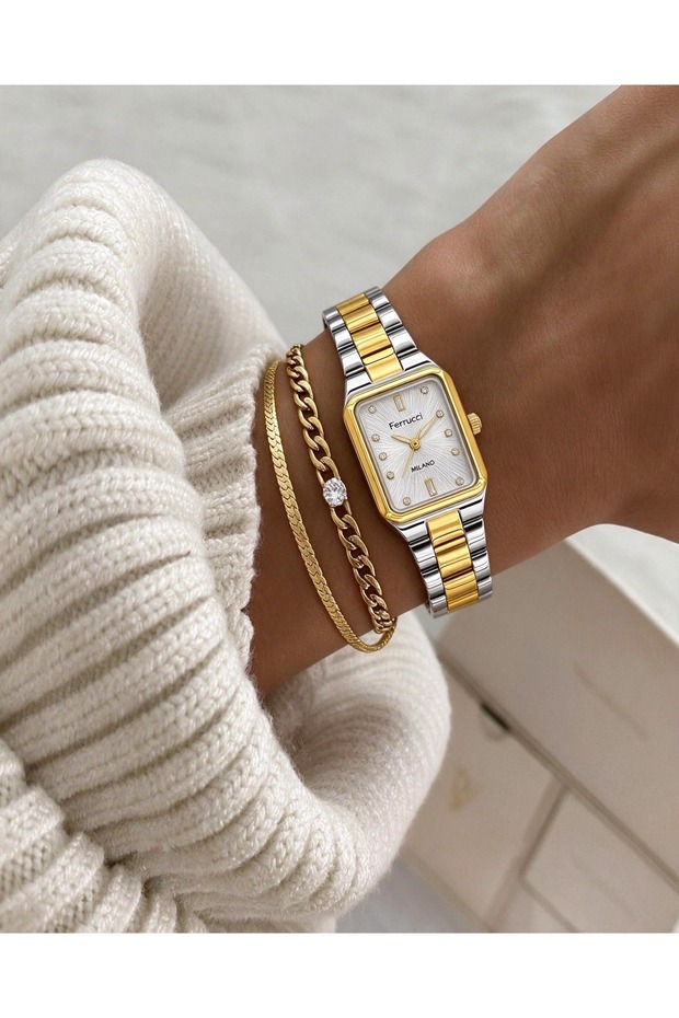Milano Women's Gold Silver Color Metal Strap Rectangular Case Stone Detailed Wristwatch – 20 mm