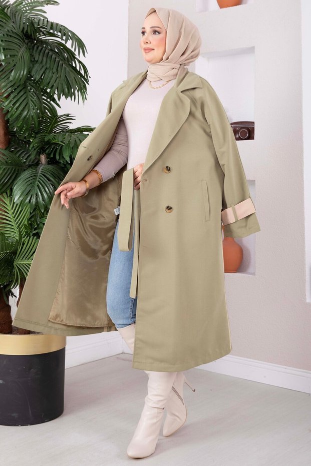 Premium Double-Breasted Collar Long Trench Coat Green Olive