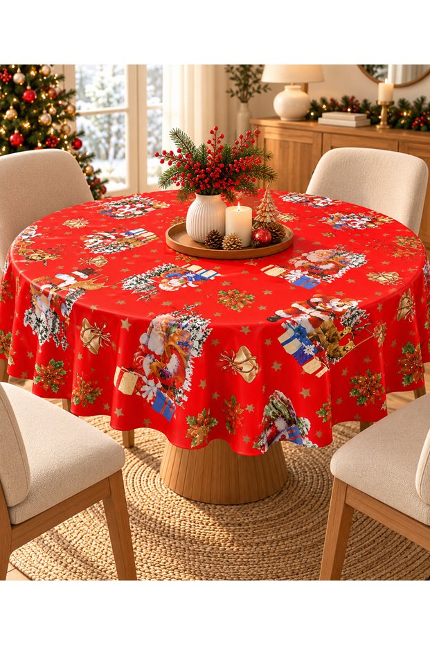 Liquid-Proof Oilcloth Round Christmas New Year Tablecloth | Stain-Resistant, Easy-To-Clean Pvc Tablecloth