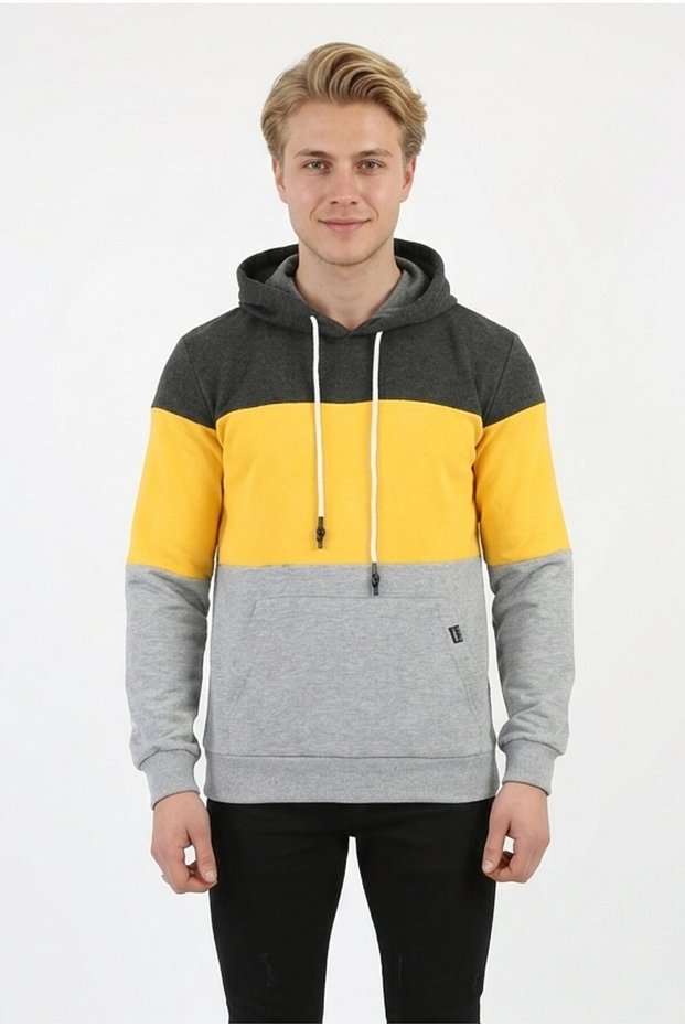 Men's Three-Thread Ribbed Hooded Casual Sweatshirt with Kangaroo Pocket