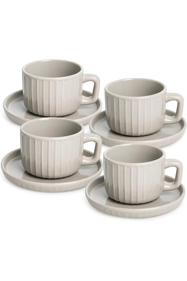 HARPER 8-Piece Stoneware Tea Cup and Saucer Set, Taupe Color (4N 250ml Cup & 4N Saucer)