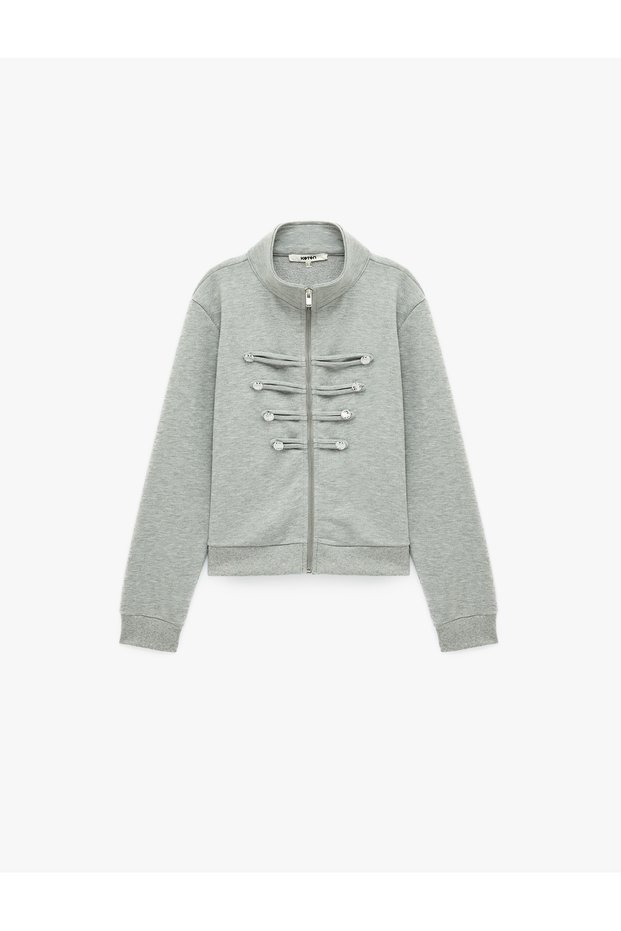 Slim Fit Long Sleeve High Collar Sweatshirt with Napoleon Zipper Closure