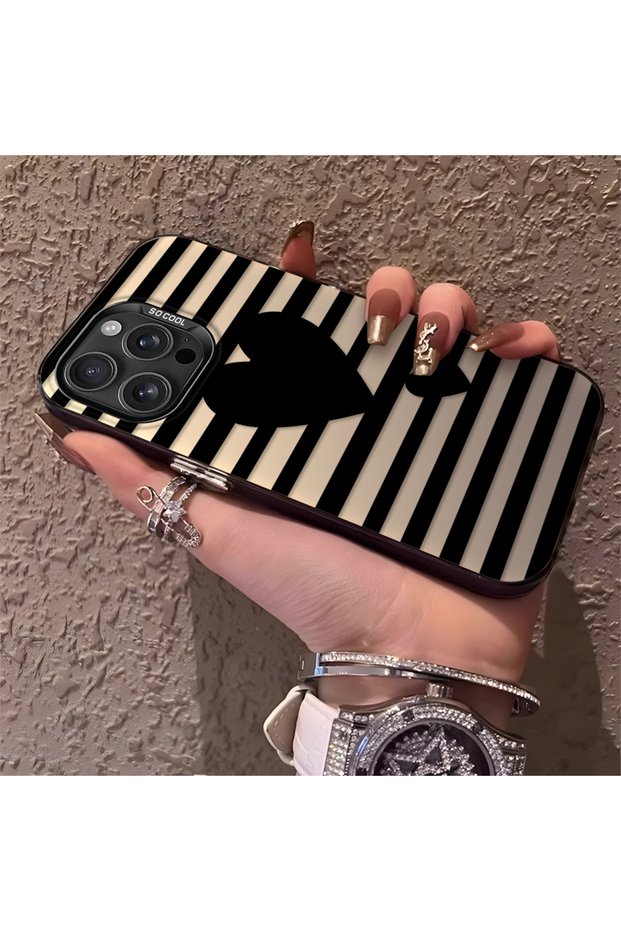 iPhone 16 Pro Max Compatible Striped Black Case, Shock-Resistant Silicone, Stylish