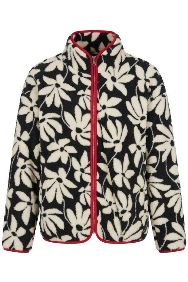 Dark Blue - Red Piping Floral Pattern Zipper Jacket Dark Blue