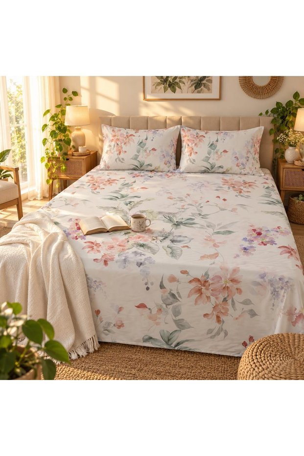 Turkish Style King Size Flat Bedsheet Set, 3 Pieces, 260 x 240 cm, 1 Flat Sheet and 2 Pillowcases (Ivory with Coral Peach)