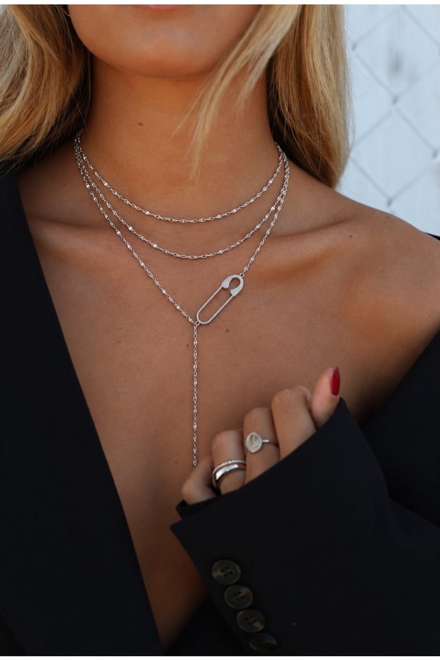 Needle Detail Lip Chain Three Layer Steel Necklace
