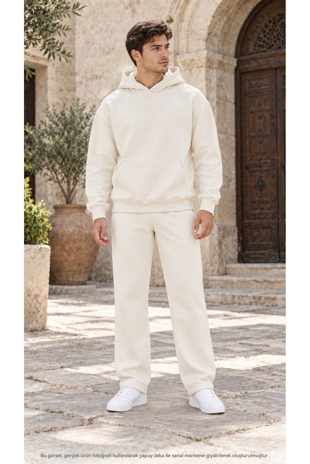 Men's Basic Hooded Tracksuit Set - Draped Comfortable Fit Sweatshirt with Kangaroo Pockets and Sweatpants Combination Set
