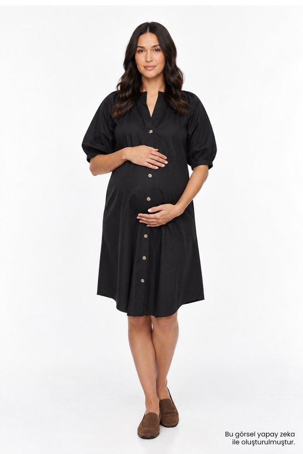 Hakim Collar Balloon Sleeves Front Button Regular Maternity Dress