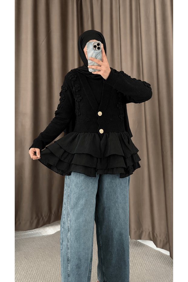 V-Neck Ruffled Knitwear Cardigan - 1107 - Black (Es)