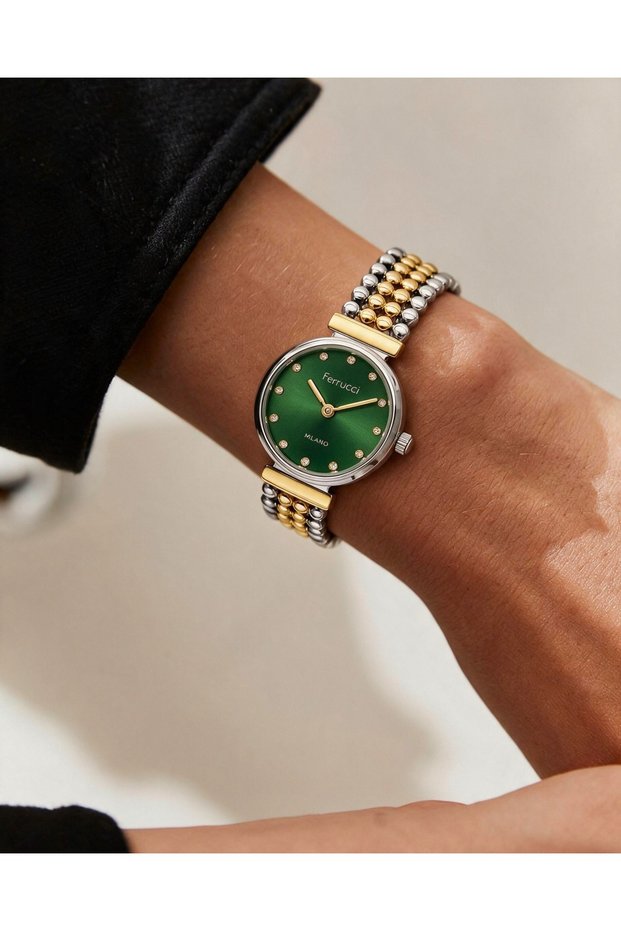 Milano Women's Silver Gold Color Metal Strap Green Dial Stone Detailed Wristwatch – 23 mm