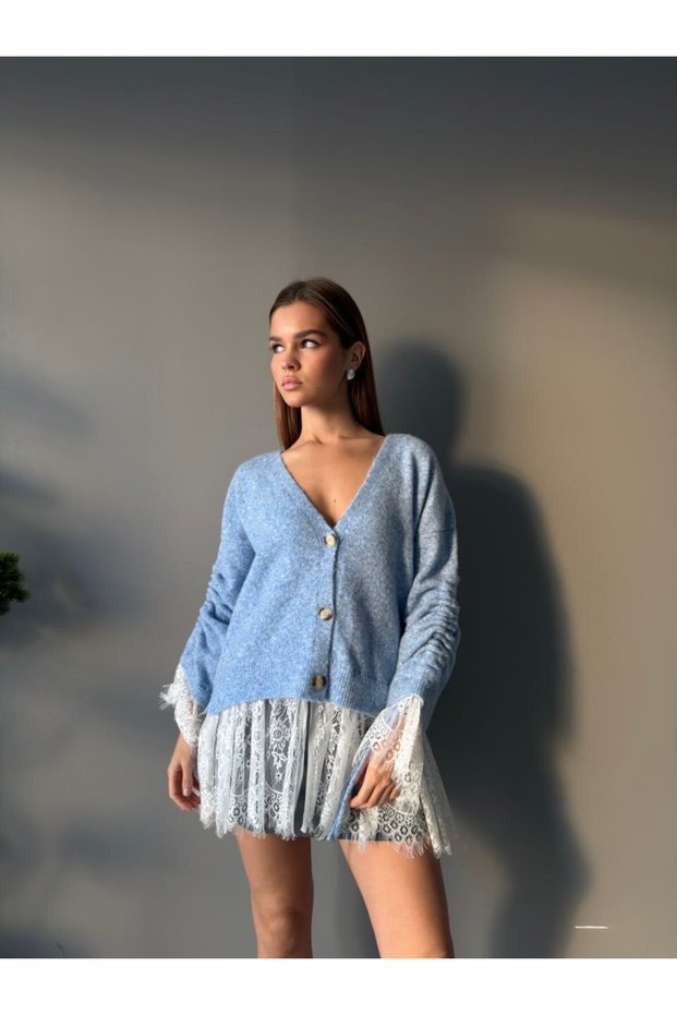 V-Neck Buttoned Lace Detailed Knitwear Cardigan Aw26Hi0057