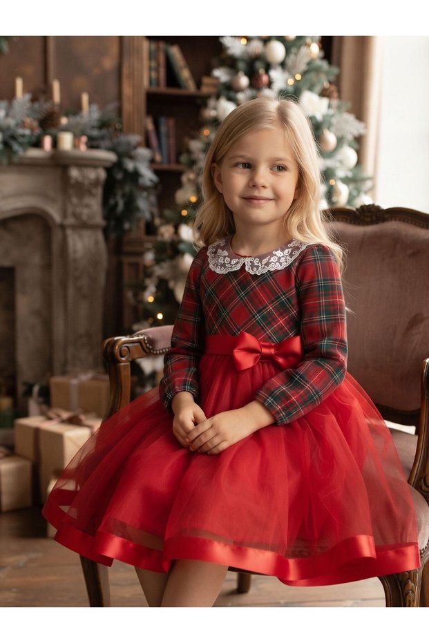 Christmas & New Year Concept Lace Collar Tulle Girls' Dress