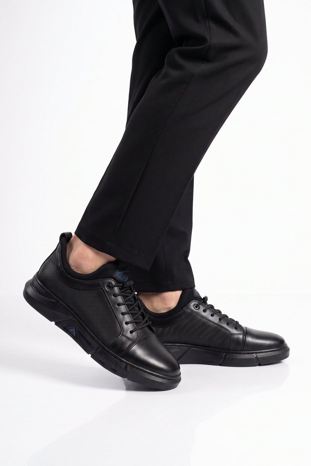 Rubber Sole Lace-Up Sneaker Black Genuine Leather Men's Casual Shoes Hz0795-510