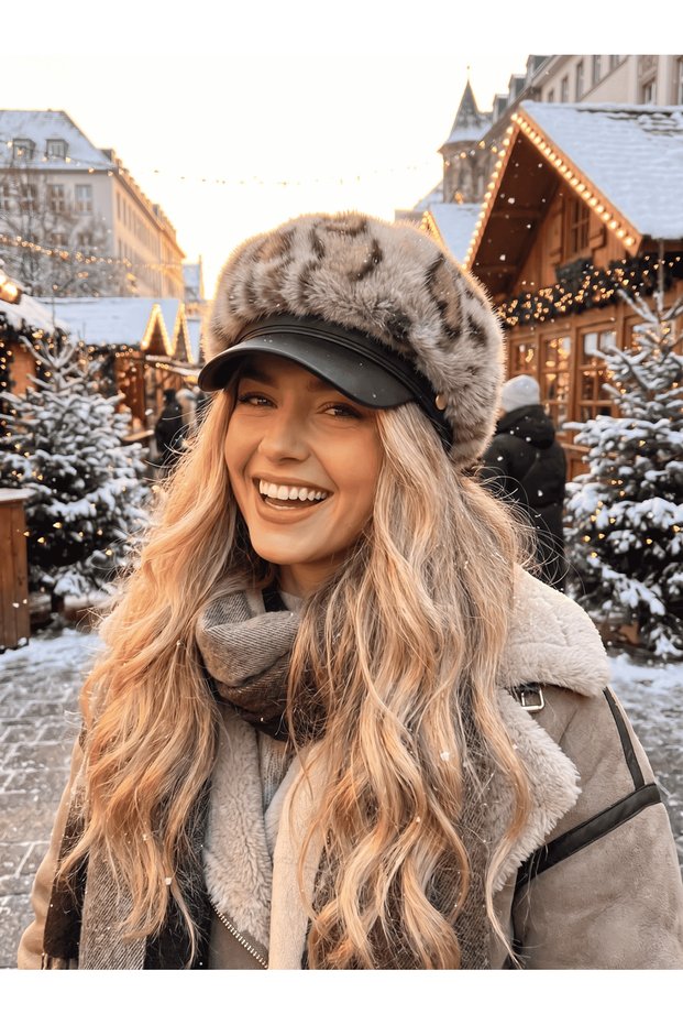 Women's Leopard Patterned Plush Fur Detailed Leather Visor Cap Soft Winter Hat (Inner Drawstring Available)