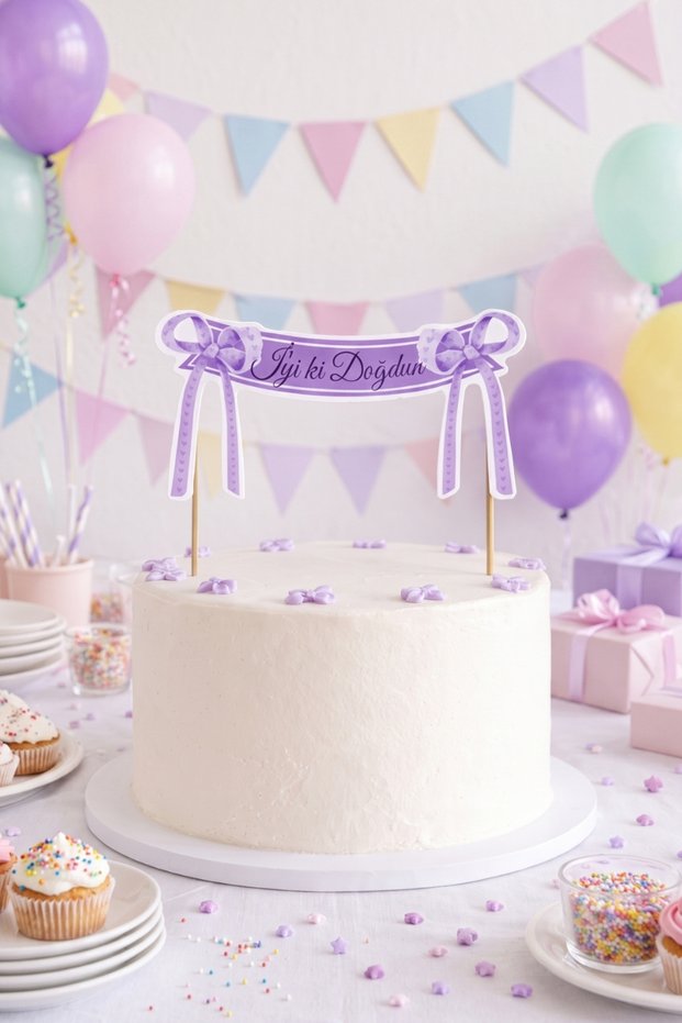 Lila Happy Birthday Bow Model Cake Decoration
