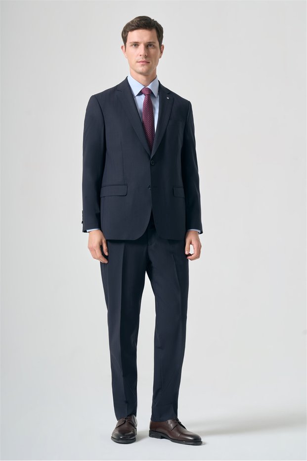 Navy Blue Mono Collar Striped 4 Drop Comfort Fit Full Lining Wool Suit 1001265155