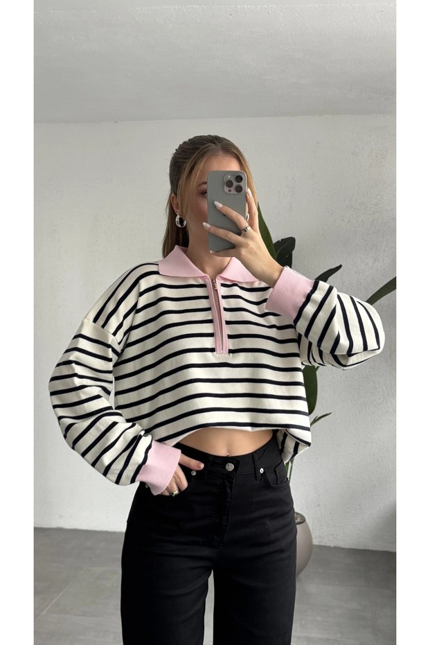 Women's Pink Collared Striped Zippered Polo Collar Knitwear Sweater with Contrast Detail