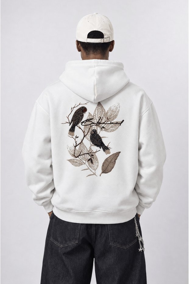 Men's Botanical Patch Detailed Oversize Hoodie Ecru