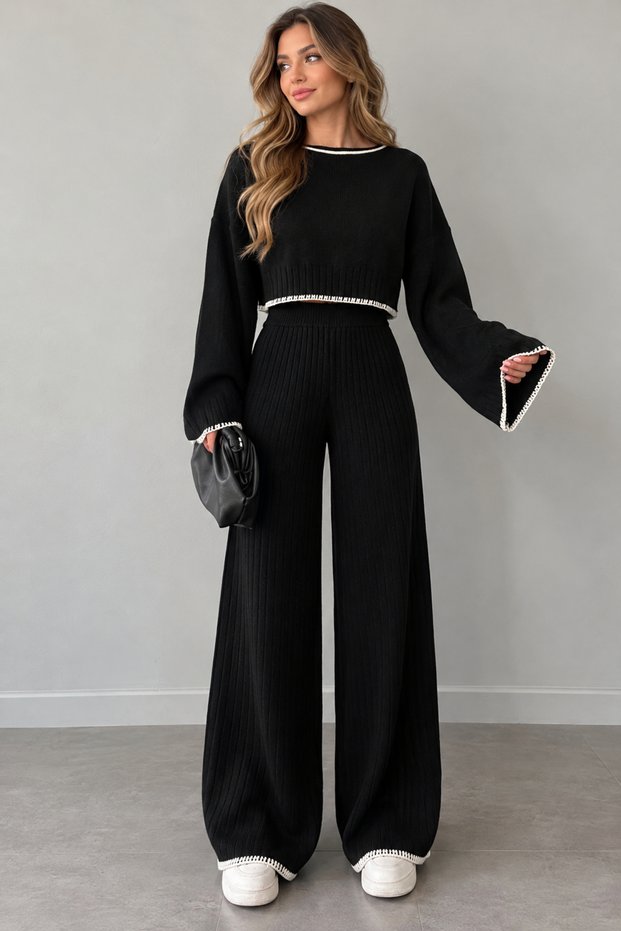 Women's Knitwear Set – Ribbed Crop Sweater, High-Waisted Wide-Leg Pants, Stylish Knitted 2-Piece Set