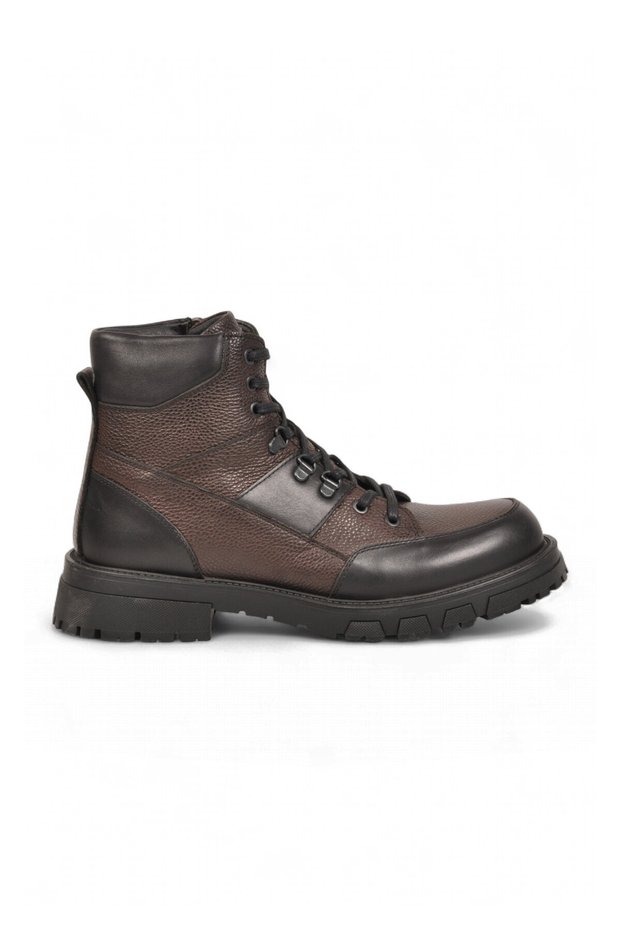 Rubber Sole Lace-Up Zippered Brown-Black Genuine Leather Men's Boots 2K1285-5263