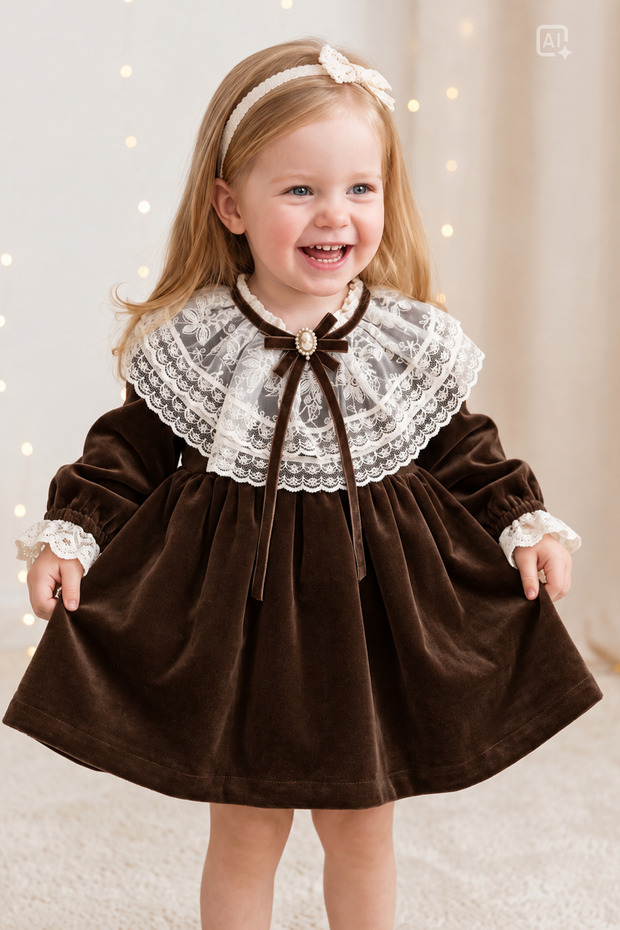 Baby Girl Velvet Dress with Lace Collar and Vintage Brooch, Birthday Wedding Special Occasion Holiday Dress